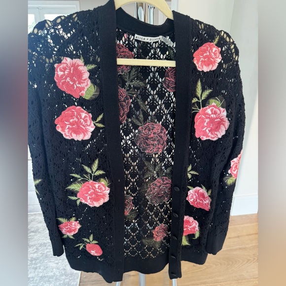 Alice + Olivia Black and Floral Appliqué Grandpa Cardigan - Size Small - Picture 3 of 8